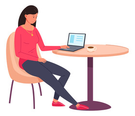 Poster - Young woman working on laptop in cafe. Female freelancer