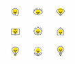 Creative idea icons set with light bulb and elements of different shapes. 