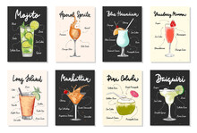 Set Of 8 Advertising Recipe Lists With Alcoholic Drinks, Cocktails And Beverages Lettering Posters, Wall Decoration, Prints, Menu Design. Hand Drawn Vector Engraved Sketches. Handwritten Calligraphy.