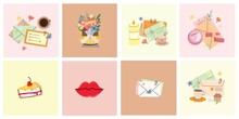 Hand Drawn Vector Set Of Modern Woman Lifestyle. Work And Sport, Fashion, Spa, Hobby, Shopping Concept. Various Isolated Icons