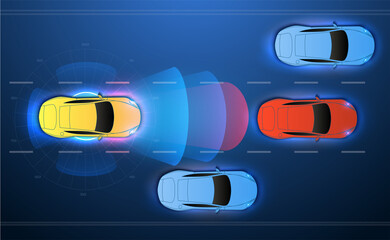 Leinwandbilder - Smart car. Autonomous smart car scans the road, controls the car. Autonomous self-driving mode vehicle on city road of concept with graphic sensor radar signal system. Top view with background