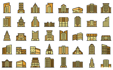 Poster - Business center icons set outline vector. House architecture. Central city