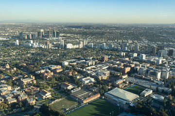 Aerial view of Westwood and the UCLA campus in Los Angeles