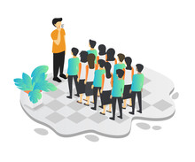 Isometric Style Illustration Of A Sports Teacher With His Students Queuing