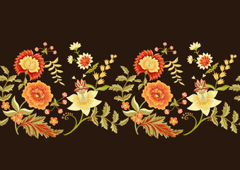 Wall Mural - Seamless pattern with stylized ornamental flowers in retro, vintage style. Jacobin embroidery. Colored vector illustration on brown background.