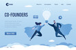 Co-founders, landing page template. Business people looking like super hero flying with big light bulb. Brainstorming, ideas search, innovation. Authors of new business idea. Startup concept.