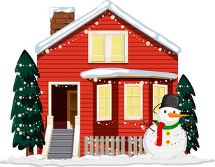 Poster - Christmas decorated house with a snowman