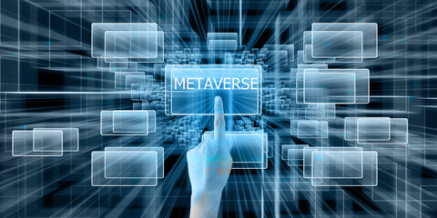 Poster - Metaverse Technology. Virtual reality infinity symbol, metaverse world worldwide network technology system, and abstract loop sign element on digital communication innovation