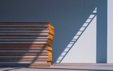 Wall Mural - Stack of sandwich panels on the floor with sunlight and shadow on surface of cold storage room in freezer warehouse industry area