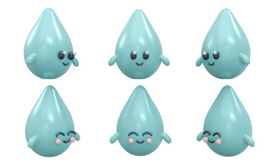 3D Rendering of character of smiley water drop isolate on white background concept of world water day. 3D Render illustration cartoon style.