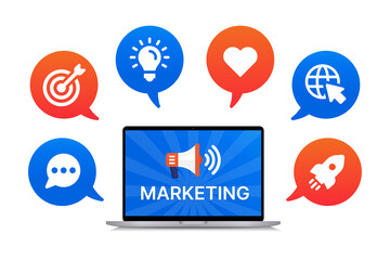 Poster - Online marketing on realistic computer laptop vector illustration.