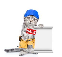 Poster - Funny cat worker wearing red cap and toolbelt shows sales symbol and empty list.  Isolated on white background