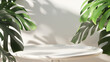 White round ceramic side table with green tropical monstera plant leaves with beautiful sun light and shadow. 3D render product display for nature, organic, spa, health, cosmetic, beauty background.