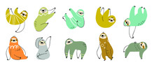 Set Of Cute Sloth Vector. Lovely Wildlife And Friendly Sloth Doodle Pattern In Different Poses With Flat Color. Adorable Funny Animal And Many Characters Hand Drawn Collection On White Background.
