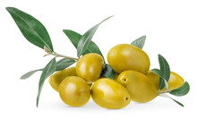 Heap Of Green Olives With Branch Isolated On White Background With Clipping Path.
