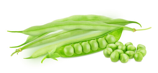 Sticker - Composition with pea pods with green beans isolated on a white background.