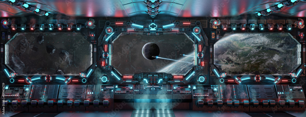 Dark spaceship interior with glowing blue and red lights. Futuristic ...