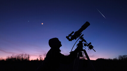 Wall Mural - silhouette of a man, telescope and countryside under evening skies.
