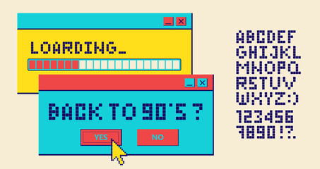 Fototapete - Retro pixel font. Letters and numbers in the style of gaming 80s, 90s. Flat digital pixel style. Old classic videogame or level final. Vector illustration.