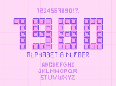 Retro pixel font. Letters and numbers in the style of gaming 80s, 90s. Flat digital pixel style. Old classic videogame or level final. Vector illustration.