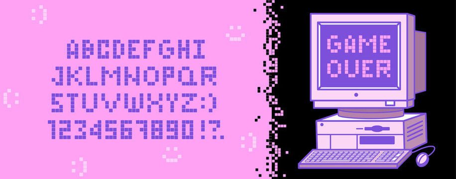 Retro pixel font. Letters and numbers in the style of gaming 80s, 90s. Flat digital pixel style. Old classic videogame or level final. Vector illustration.