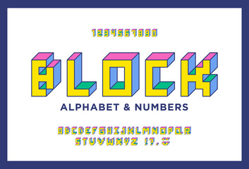 Fototapete - Colorful Isometric 3d alphabet. Retro block font. Letters and numbers in the style of 80s, 90s. Flat digital pixel style. 8 bit cubic alphabet in perspective. Vector illustration.