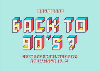 Fototapete - Colorful Isometric 3d alphabet. Retro geometric font. Letters and numbers in the style of 80s, 90s. Flat digital pixel style. 8 bit cubic alphabet in perspective. Vector illustration.