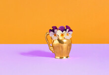 Pansies In A Golden Vase On Yellow And Violet Background. Minimal Concept Purple Flowers On A Sunny Day.