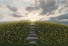 3d Rendering Of Green Hill Of Grass Covered By Dandelion Plants And Stone Plates