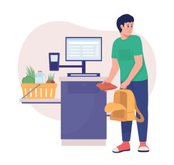 Poster - Stealing at self check out 2D vector isolated illustration. Customer dishonesty. Supermarket pilferer flat character on cartoon background. Grocery colourful scene for mobile, website, presentation