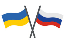 Flag Of Russia And Ukraine. Banner Crossed Among Themselves. Color Vector Illustration. Symbols Of The States. Political Themes. Flat Style. National Sign. Isolated Background. Idea For Web Design.