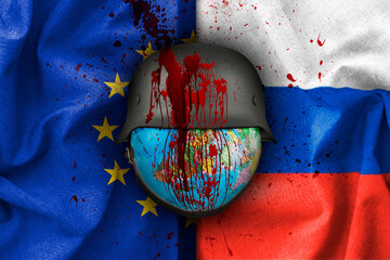 Wall Mural - Russia and Europe flags , Earth with war helmet with blood , war background concept