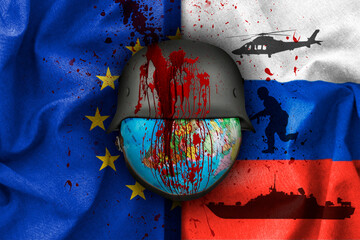 Wall Mural - Russia and Europe flags , Earth with war helmet with blood , war background concept