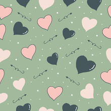 Heart With Arrow Illustration On Green Background. Pink And Navy Hearts. Hand Drawn Vector, Seamless Pattern. Doodle Art For Wallapaper, Wrapping Paper And Gift, Backdrop, Fabric, Textile. Valentine.