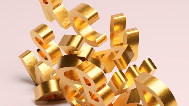 golden letters piled up, alphabet soup concept on a pink background ,3d iillustration
