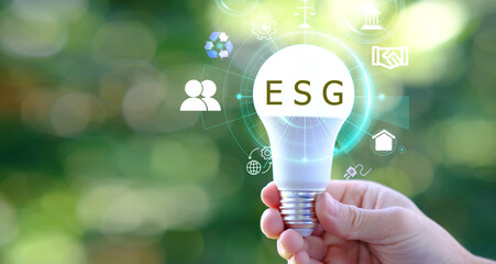 Poster - Environmental, social, and governance (ESG) emblem notion in hand for sustainable and ethical company on a green network
