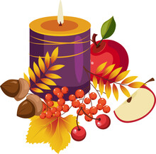 Burning Candle With Harvested Garden Fruit And Berry As Autumnal Thanksgiving Holiday Composition