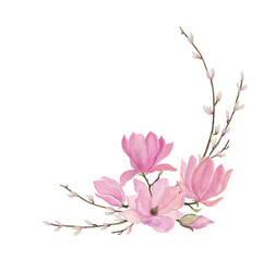 Watercolor painting spring series: magnolia flowers and tree branch with buds. Floral composition