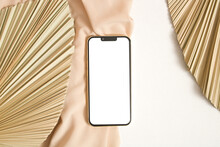 Phone Mockup White Screen With Dry Grass Palm Leaf
