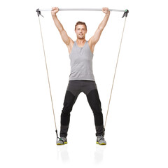 Wall Mural - Working hard for the perfect body. A young man working his upper body with a resistance band.