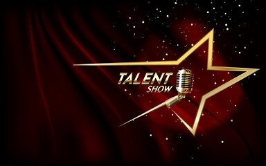 Wall Mural - Golden talent show text in the star over red curtain. Event invitation poster. Festival performance banner.