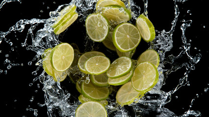 Fototapete - Freeze motion of sliced limes in water splash.
