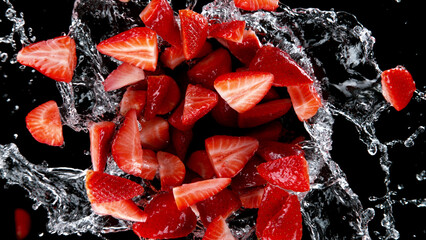 Wall Mural - Freeze motion of sliced strawberries in water splash.