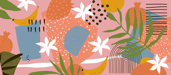 Botanical poster vector illustration. Foliage drawing with abstract shapes and fruit. Leaves, ferns and flowers art print. Abstract nature design for background, wallpaper, card, wall art