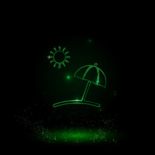 A Large Green Outline Beach Symbol On The Center. Green Neon Style. Neon Color With Shiny Stars. Vector Illustration On Black Background