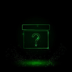 Poster - A large green outline gift box with a question symbol on the center. Green Neon style. Neon color with shiny stars. Vector illustration on black background