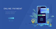 Internet Banking Application Web Banner Template. Online Transaction Security Payment With Credit Card, NFC Technology. Smartphone With Credit Card. Wireless Cash Transactions Flat Style Illustration.