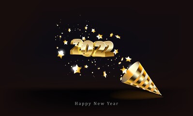 Wall Mural - Golden 2022 numbers, party popper cone and glittering confetti isolated on black. Happy New Year
