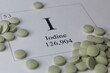 Closeup of iodine pills and periodic table.