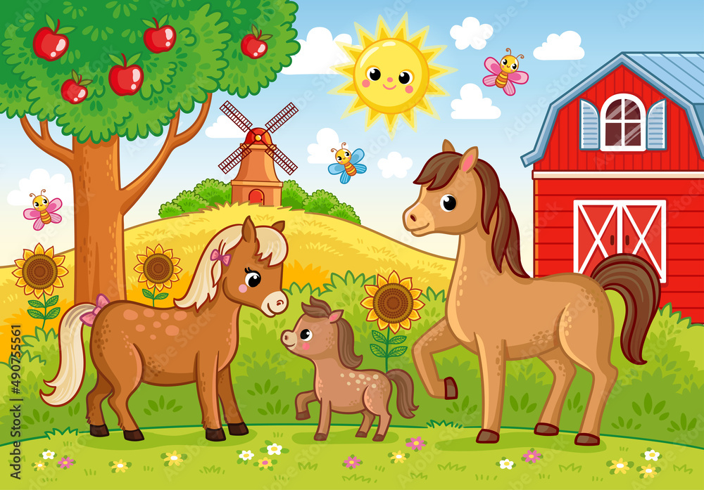 Vector illustration with a family of horses and a farm in cartoon style ...